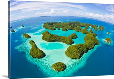 Aerial view of Palau's Rock Islands in the turquoise waters of the Pacific Ocean