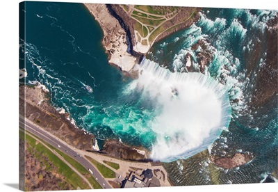An aerial view looking down at Horseshoe Falls