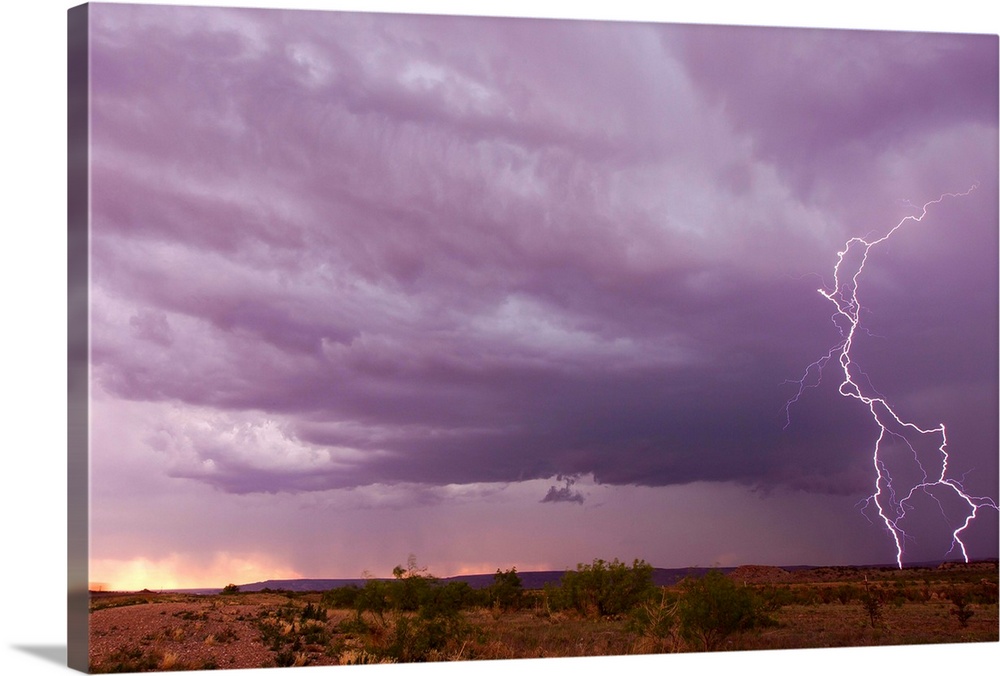 Intense purple lightning bolts strike in the desert of New Mexico.