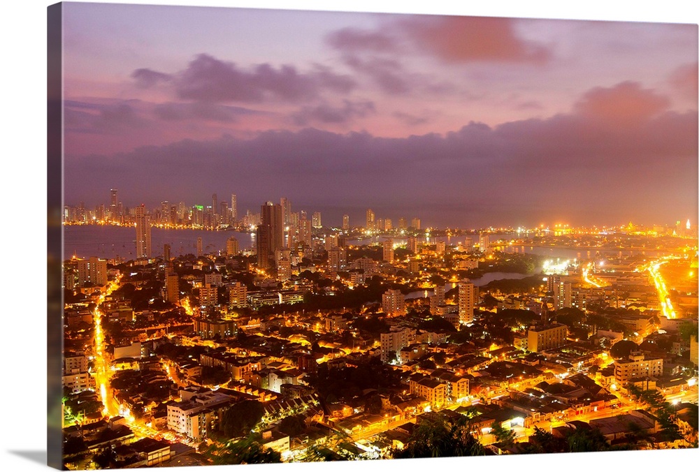 Overlooking Cartagena, Colombia lit up at night.