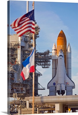 Space Shuttle Atlantis sitting on launch pad 39B awaiting lift off