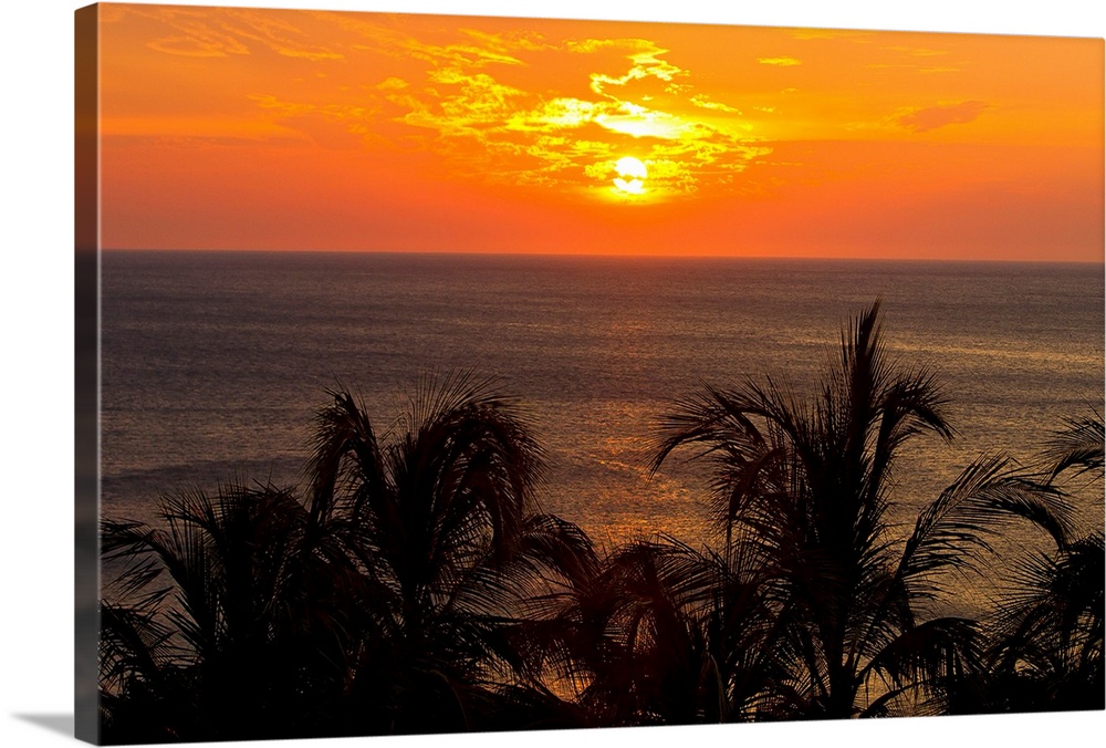 Sunset over the Caribbean Sea and silhouetted palm trees.