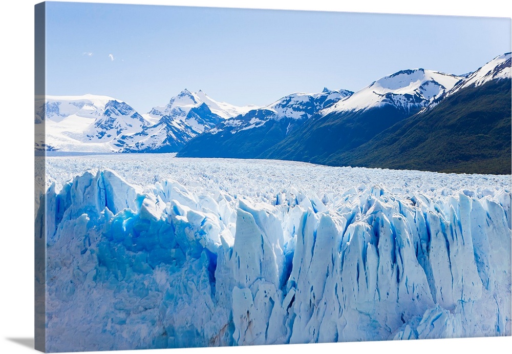 Deep blue cracks line the front wall of the Perito Moreno glacier in Los Glaciares National Park.
