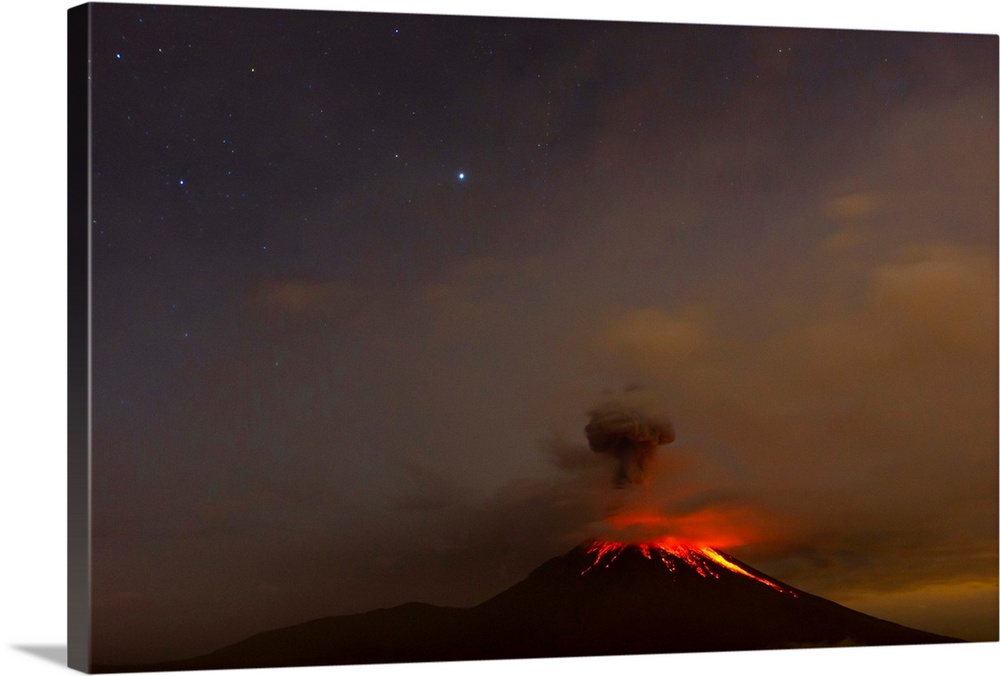 The Tungurahua volcano erupting at night under a starry sky.