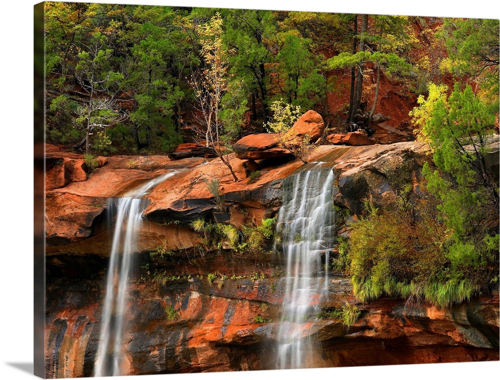 Big canvas print of two waterfalls trickling down a rocky cliff in Utah.