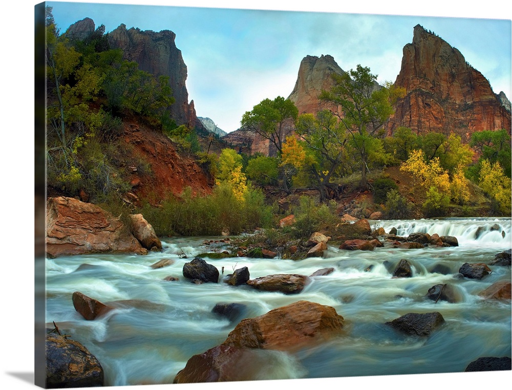 Court of the Patriarchs rising above river, Zion National Park, Utah