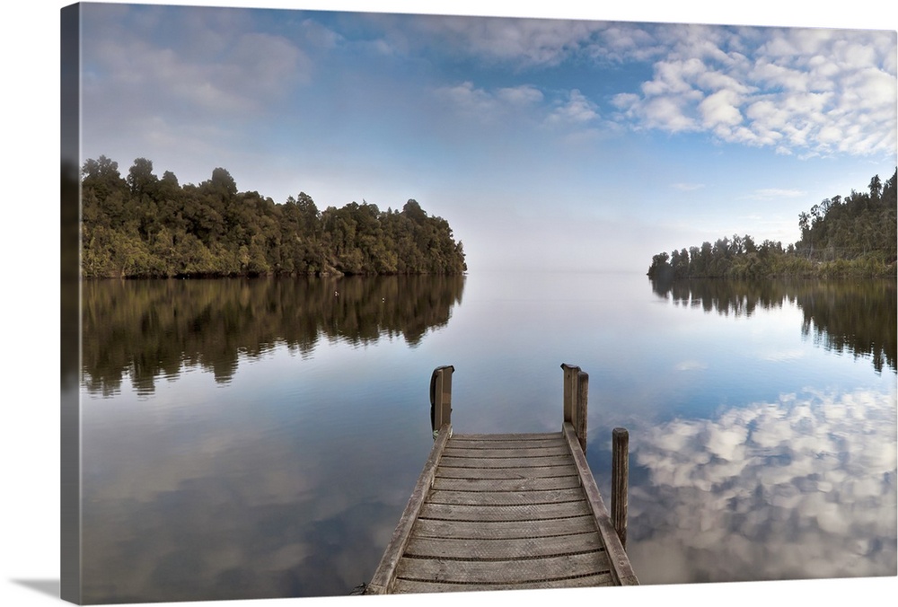 Lake Mapourika, early morning panorama with mist rising off water, near Franz Josef Glacier, Westland National Park