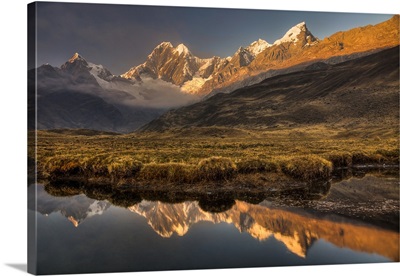 Jirishanca peak, dawn reflection in stream, Cordillera Huayhuash, Andes, Peru