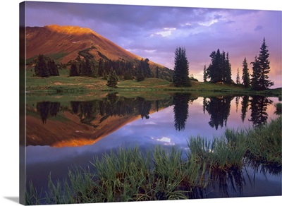 Mount Baldy at sunset reflected in lake along Paradise Divide, Colorado