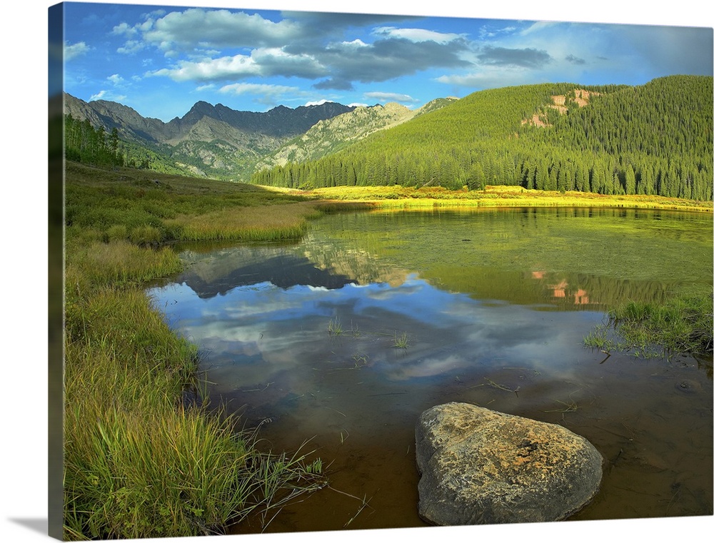 This decorative wall art is a landscape photograph of a meadow, tree covered hills, and a mountain lake reflecting the lan...