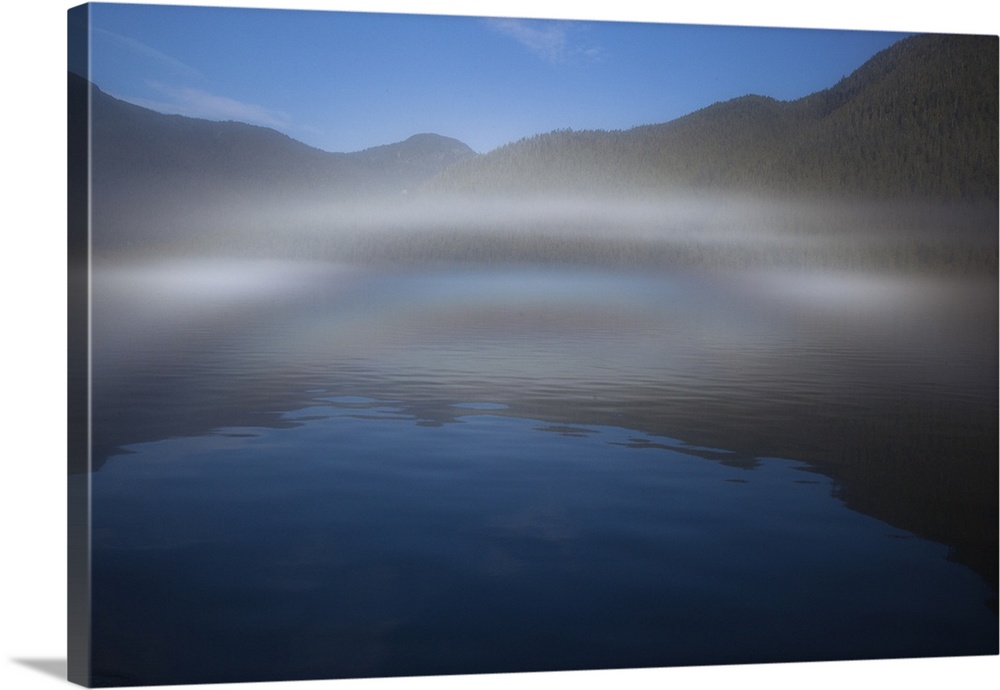 Ocean fog lifting off the water at the mouth of Kynoch Inlet, Fjordland Conservancy, BC, Canada