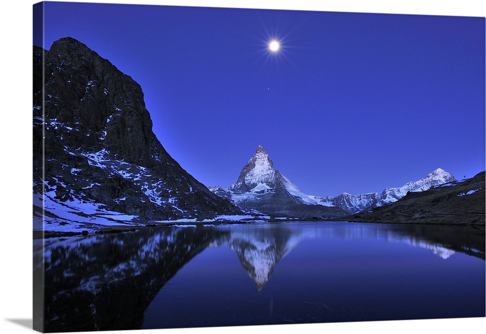 Matterhorn - with reflection - Riffelsee - at night - full moon - before sunrise - Switzerland