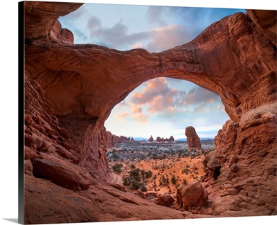 The Windows Section From Double Arch At Sunrise, Arches National Park, Utah