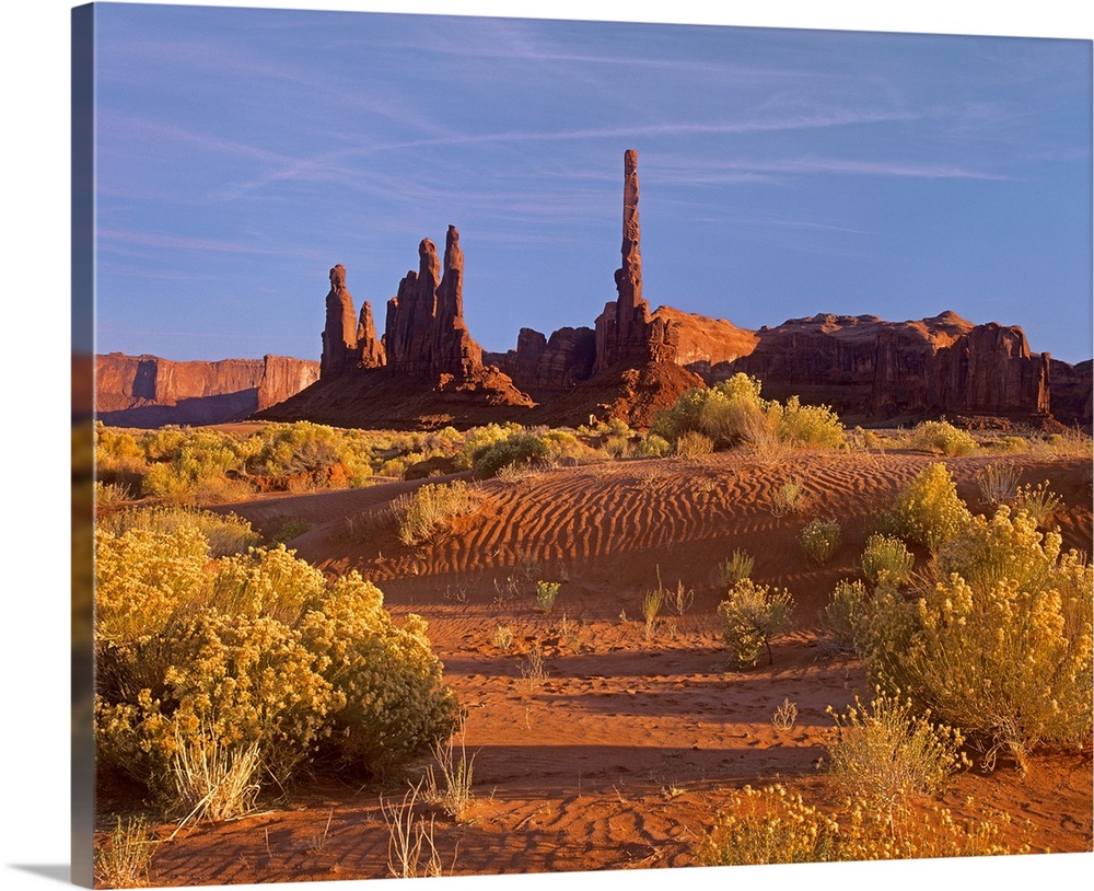 Totem Pole and Yei Bi Chei with sand dunes and shrubs, Monument Valley, Arizona