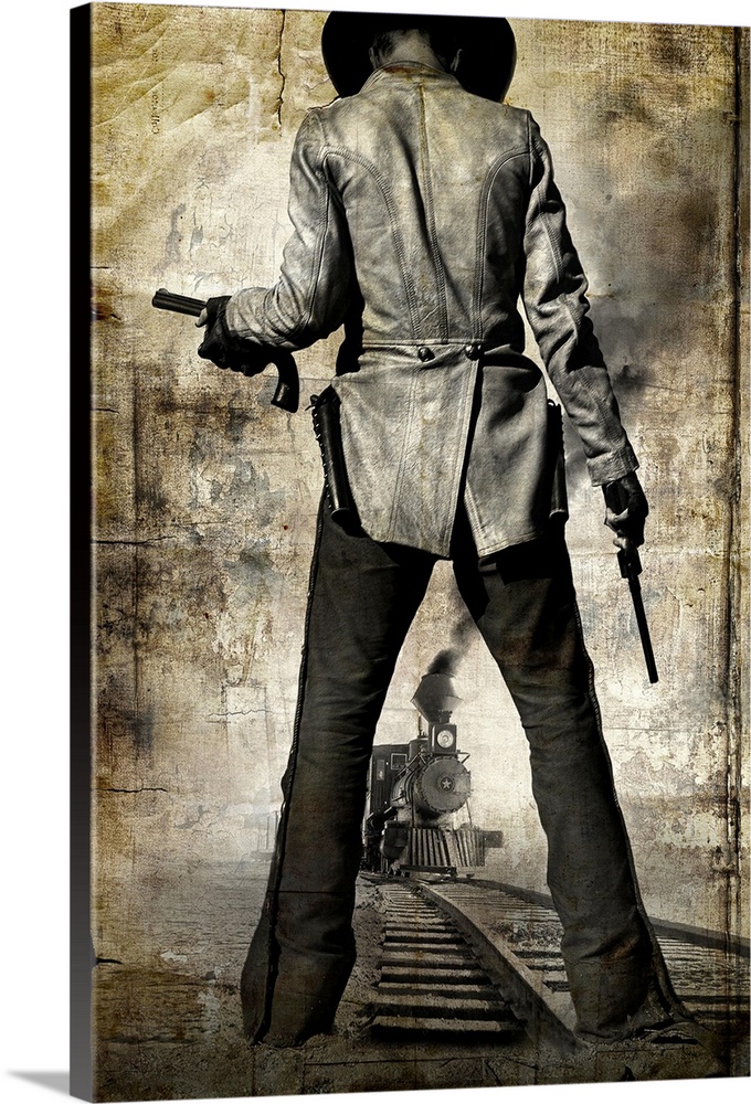 Large, vertical movie advertisement for the 2007 film 3:10 to Yuma, the backside of a cowboy holding a gun in each hand, a...