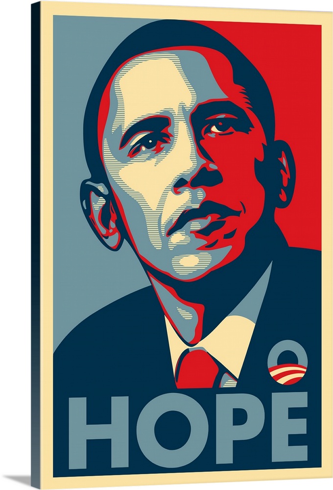 Iconic and optimistic block print portrait of senator Barack Obama made for the 2016 presidential election campaign, featu...