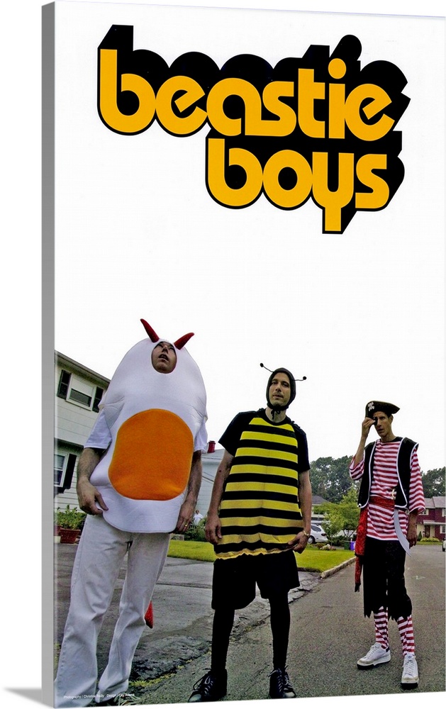 Portrait photograph on a big canvas of the Beastie Boys, standing in a subdivision street, each in a different costume of ...
