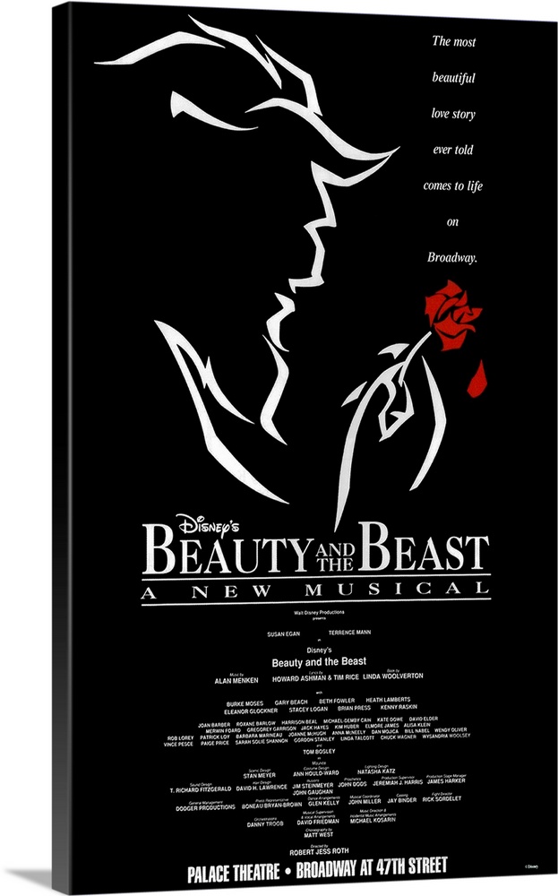A simplistic poster for the Broadway performance of "Beauty and the Beast". It shows an outline of the beast holding a red...