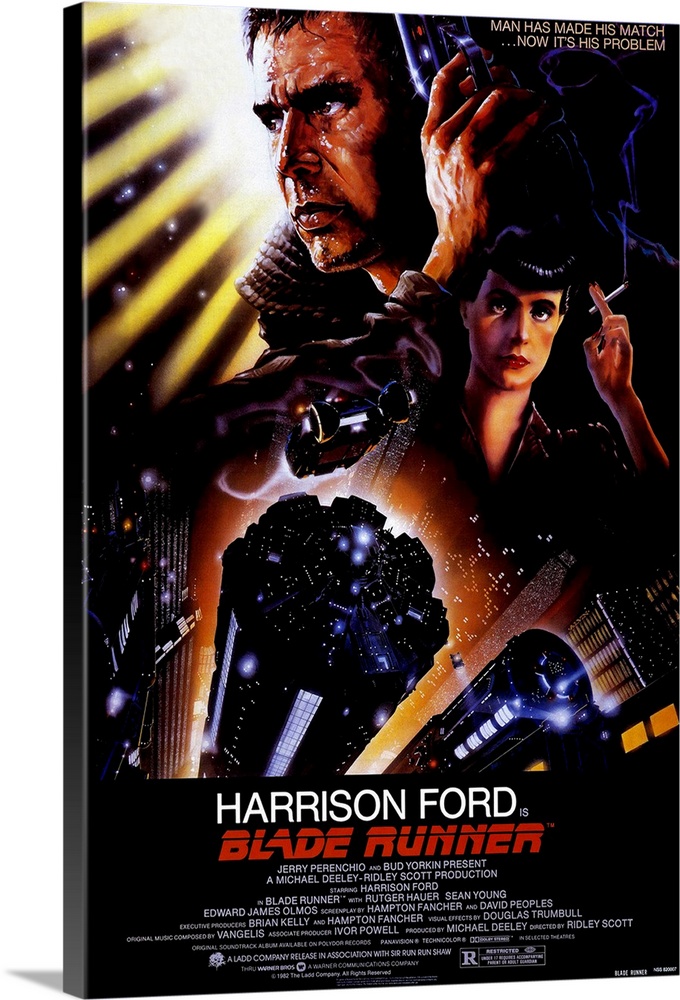 Big, vertical movie advertisement for Blade Runner, with a profile headshot of Harrison Ford at the top, a woman smoking a...