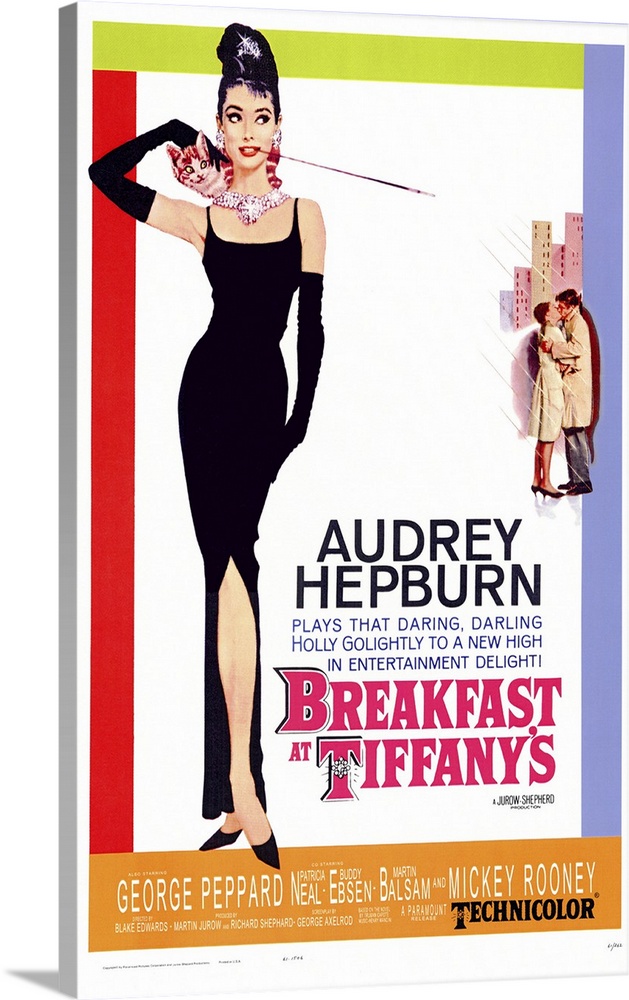 Movie poster for "Breakfast at Tiffany's". It shows Audrey Hepburn standing in a black gown with black gloves on and a cat...