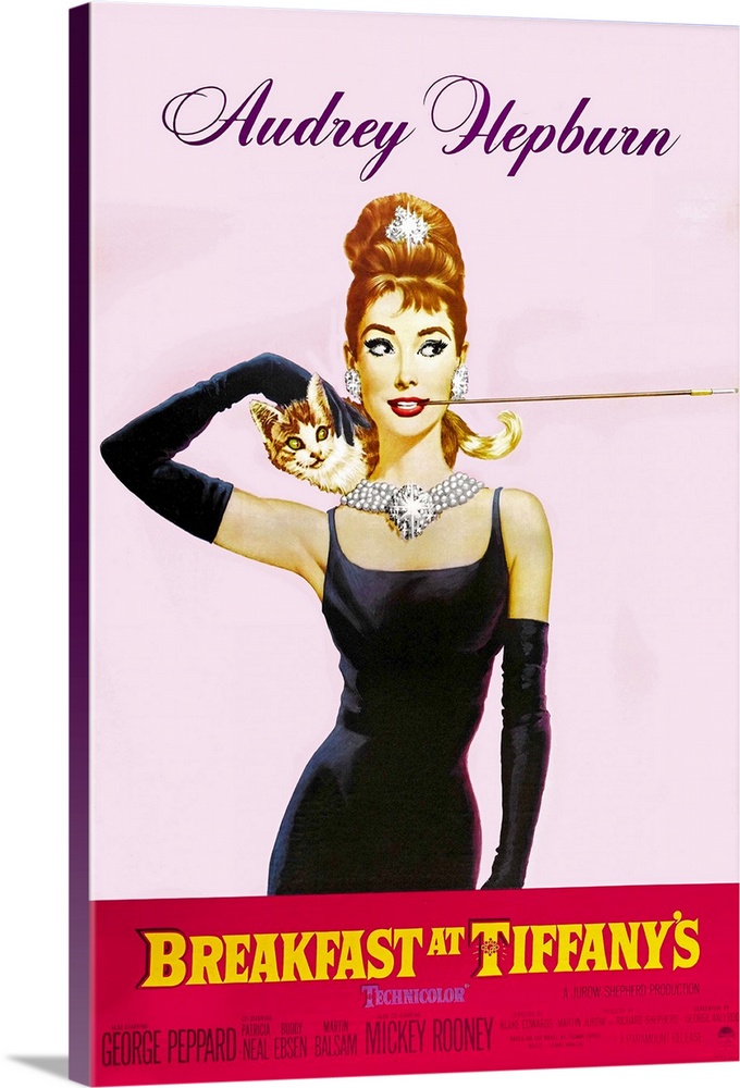 Giant, vertical movie advertisement for Breakfast at Tiffany's, featuring an image of Audrey Hepburn in a black dress and ...