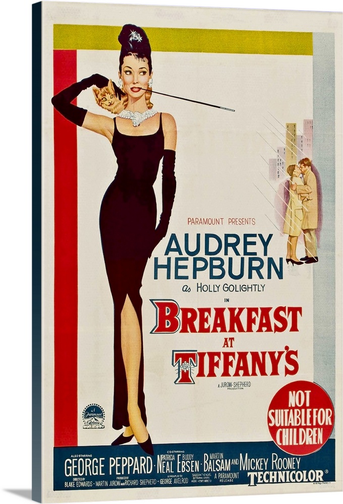 Vertical, large vintage advertisement for the movie "Breakfast At Tiffany's", with actress Audrey Hepburn featured in a bl...