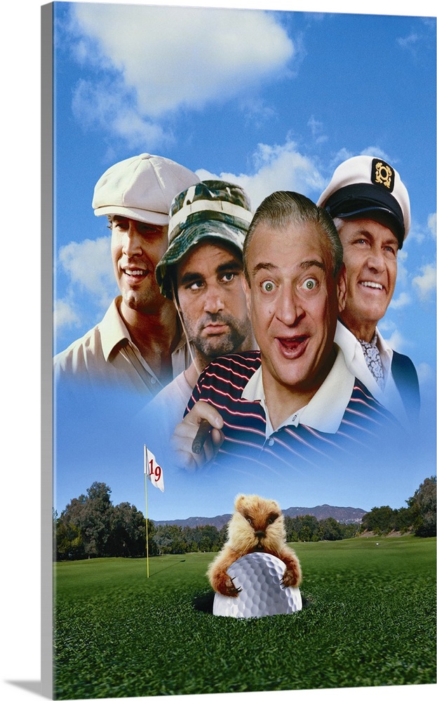 Movie poster for the 1980 Hollywood movie Caddyshack with the four main stars superimposed in the sky and the famous gophe...