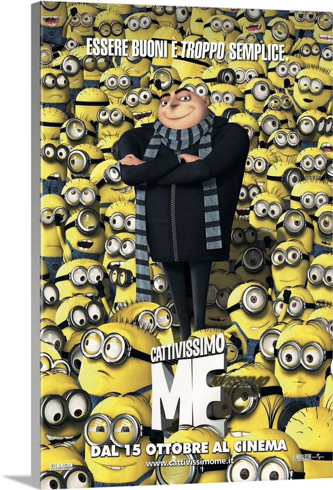Movie poster for "Despicable Me" in Italian. The main character of the film is surrounded fully by his yellow minions.
