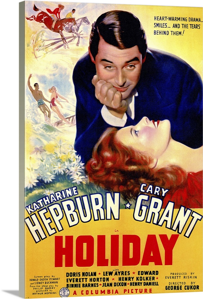 Poster for the classic movie "Holiday" debuting in 1938. It shows the female lead laying her head down staring up at the m...