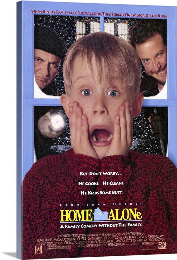 This large piece is a poster for the classic movie "Home Alone". It shows the main character Kevin front and center with h...