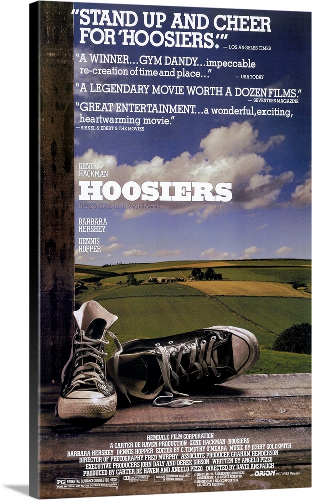 Movie poster for the movie Hoosiers that depicts a pair of black Chuck Taylor high top sneakers in a barn overlooking the ...