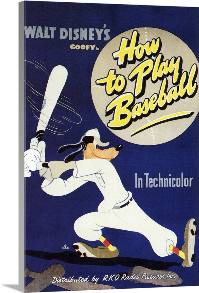 Vintage movie poster for Disney's Goofy film "How to Play Baseball" with Goofy in an old time baseball uniform up to bad a...