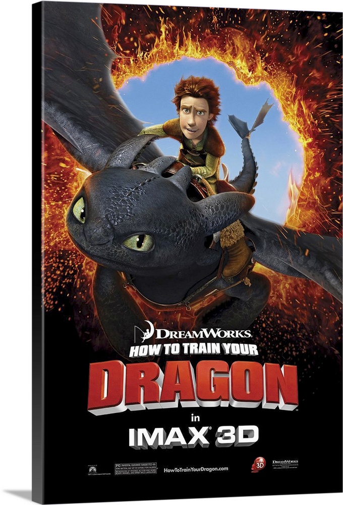 A movie poster for the popular animated movie shows the hero rides on the back of a dragon through a circle of fire.