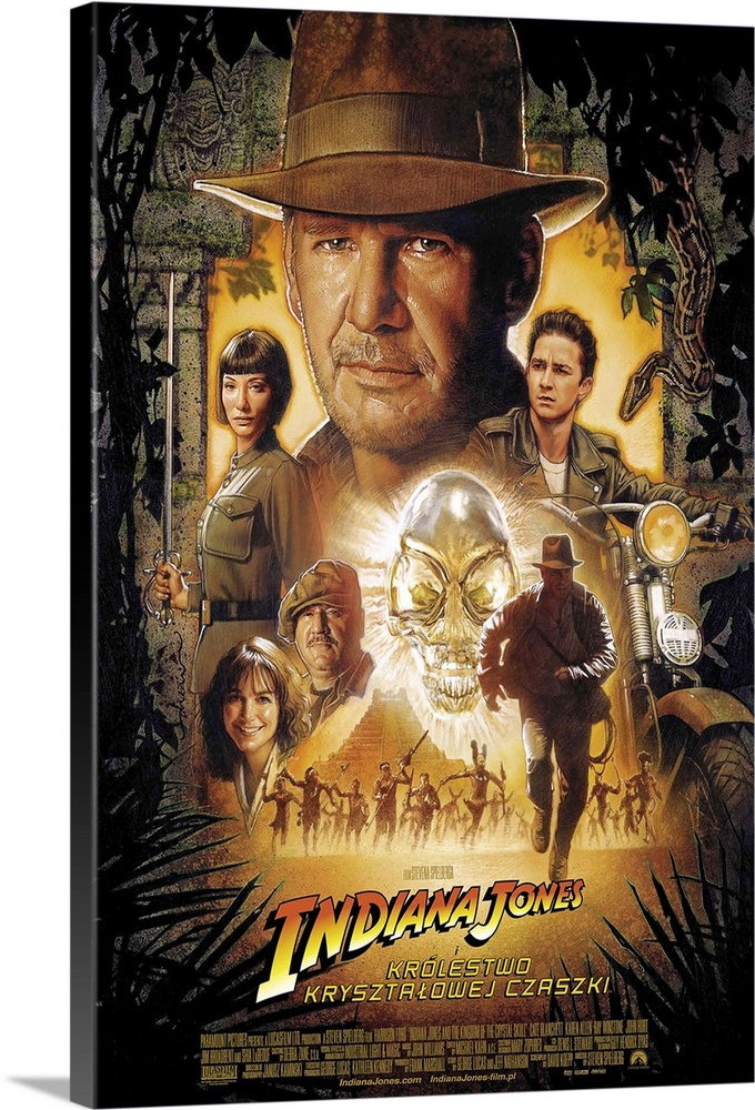 Movie poster for the fourth Indiana Jones movie, showing characters from the movie including Harrison Ford.