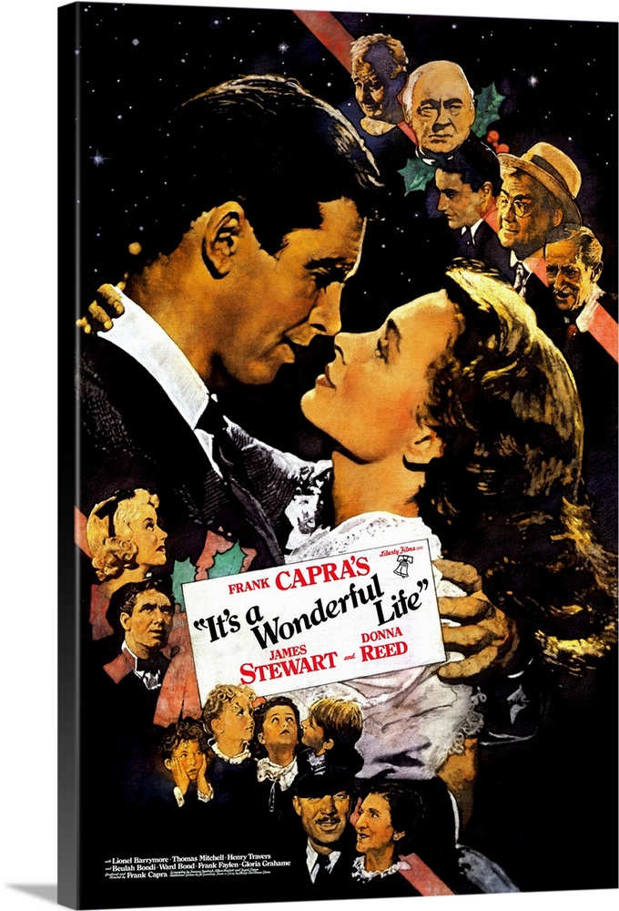 Vertical movie advertisement on a large wall hanging for "It's a Wonderful Life".  James Stewart and Donna Reed embrace in...