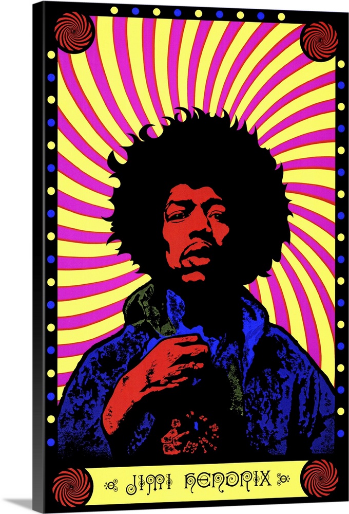 A psychedelic colored portrait of the singer Jimi Hendrix against a swirled pink and yellow background with his name at th...