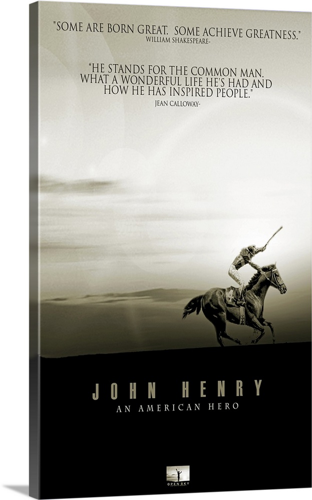 Large movie poster for the movie titled "John Henry". It's in black and white and has a man riding his horse and standing ...