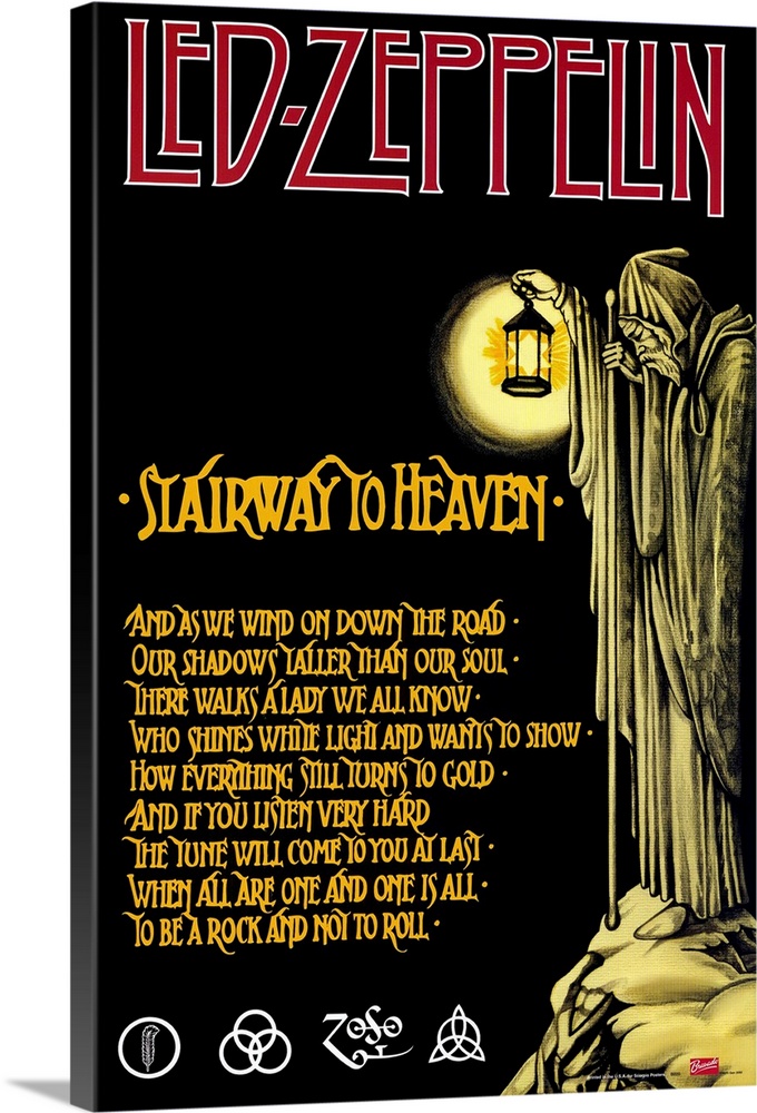 Vintage poster of English rock band's song lyrics with grim reaper holding lantern and standing on rocky ledge at night.