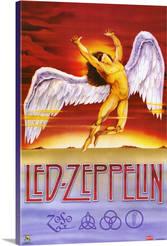 Vertical, oversized artwork for Led Zeppelin, a muscular, nude, human figure with large wings flying upward into a fiery s...