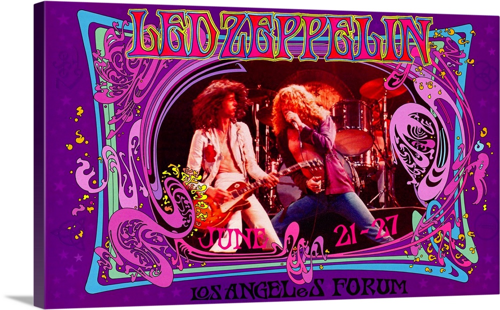 Giant, landscape wall hanging of Robert Plant performing at the Los Angeles Forum, with the rest of Led Zeppelin, the imag...
