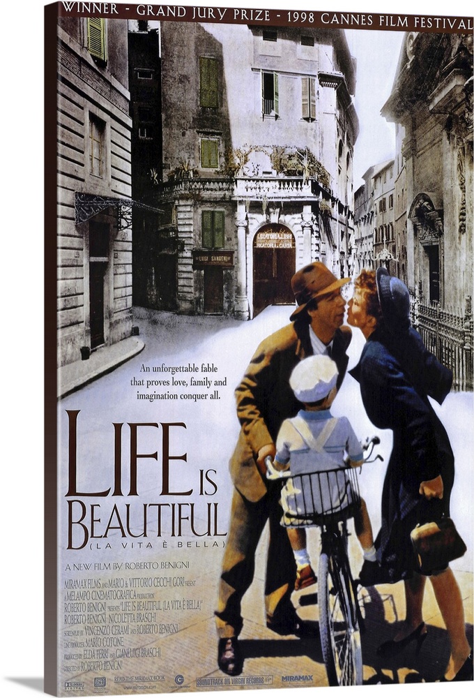 Vertical, oversized movie advertisement for the Italian film, Life is Beautiful.  A man and woman lean in for a kiss over ...