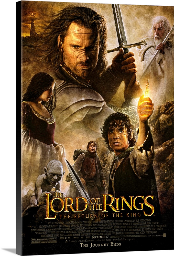 Movie poster for the final installment of The Lord of the Rings. It highlights most of the main characters with Frodo in t...