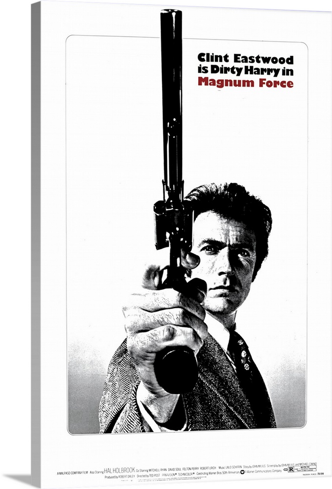 Poster for the movie "Magnum Force" showing Clint Eastwood and the gun he is holding straight up into the air very largely...