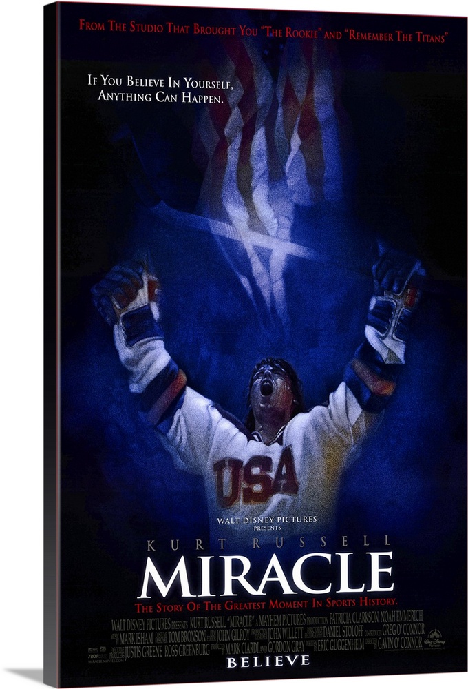 Docudrama movie poster for film "Miracle," starring Kurt Russell as US men's hockey team head coach Herb Brooks.  The stor...