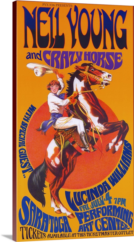 Movie poster for "Neil Young and Crazy Horse" with a horse standing on its back legs as a cowboy rides and waves their cow...