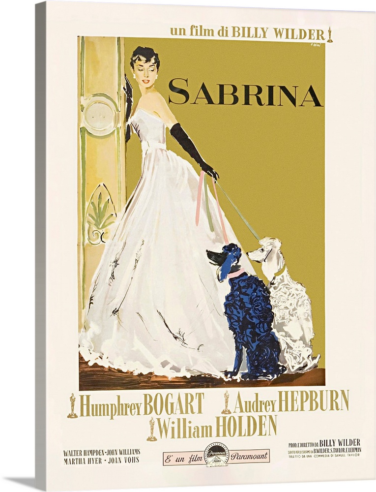 Movie poster of the classic tale "Sabrina". It shows her in a white ball gown holding her two poodles on a leash.