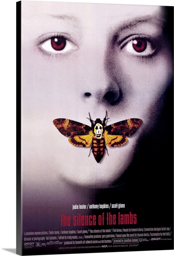 Vertical, oversized movie advertisement for the 1990 film, The Silence of the Lambs, starring Jodie Foster and Anthony Hop...