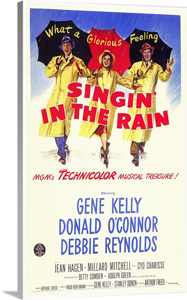 Vintage move poster for the movie Singing in the Rain with the three main characters in raincoats with umbrella's dancing ...