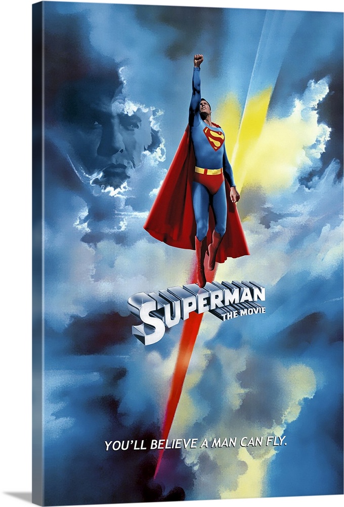 Poster for the 1978 film "Superman: The Movie". Superman is shown flying high into the sky with Lex Luthor's face shadowed...
