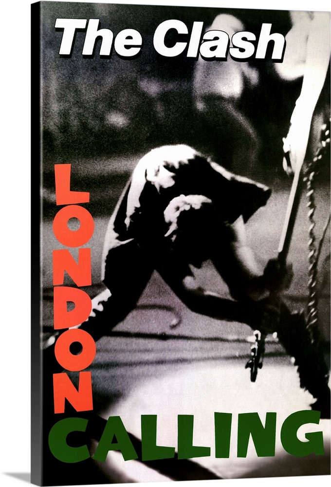 Vertical, oversized black and white photograph of a band member of The Clash swinging a guitar to smash on the floor.  "Lo...